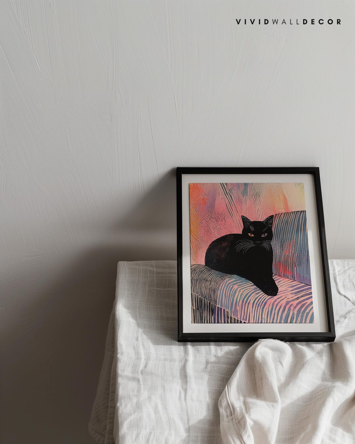Black Cat Lounging On Striped Pink Sofa Modern Retro Art Poster - Image 2