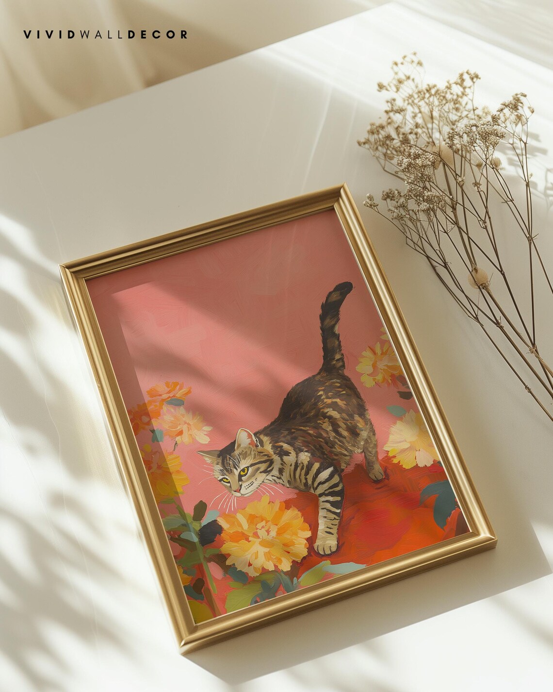 Tabby Cat Floral Art Print, Pink and Orange Poster - Image 2