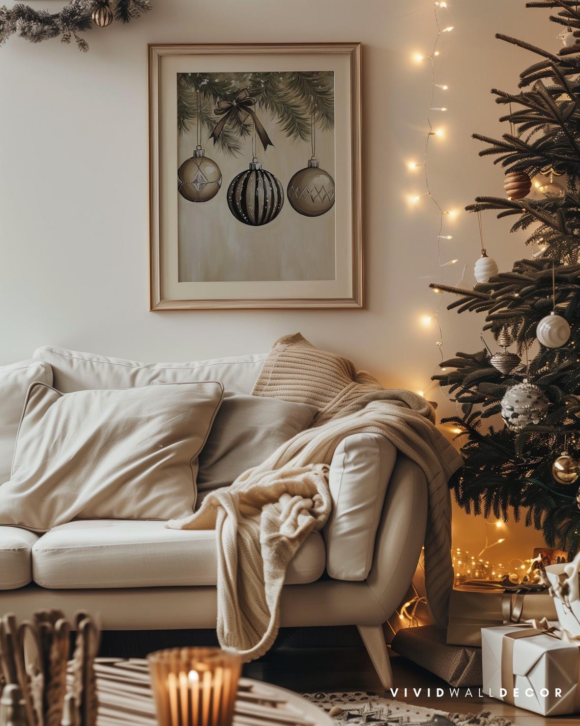 Neutral Beige Baubles Hanging From Pine Bough Holiday Poster - Image 4