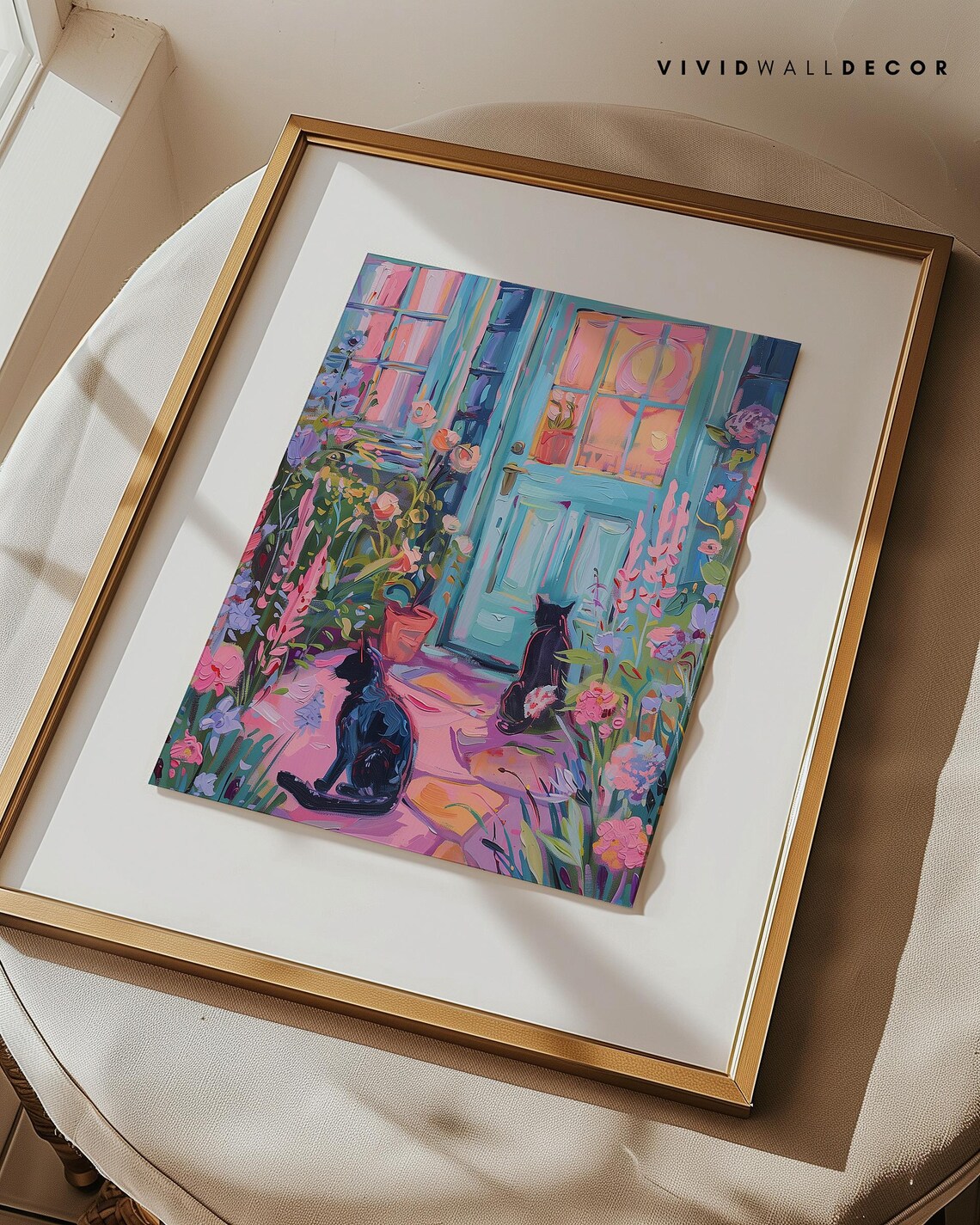 Two Black Cats At A Turquoise Door In A Blooming Pink Flower Garden Poster - Image 3