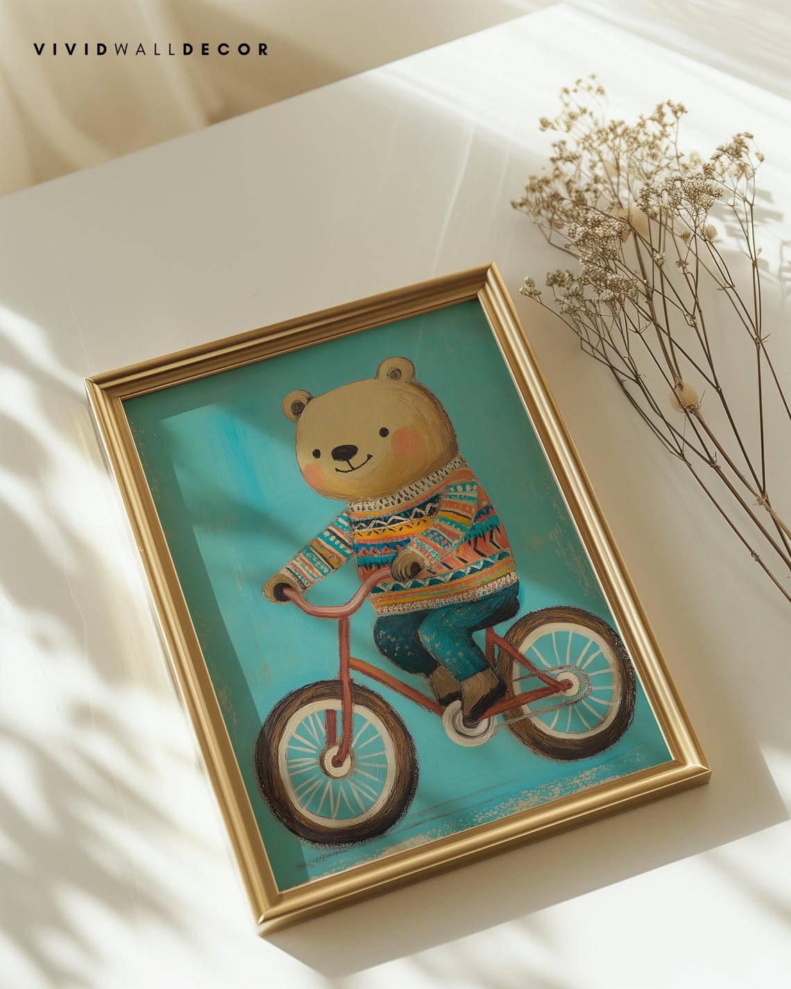 Cute Bear in Colorful Sweater Riding a Red Bicycle Nursery Poster - Image 3