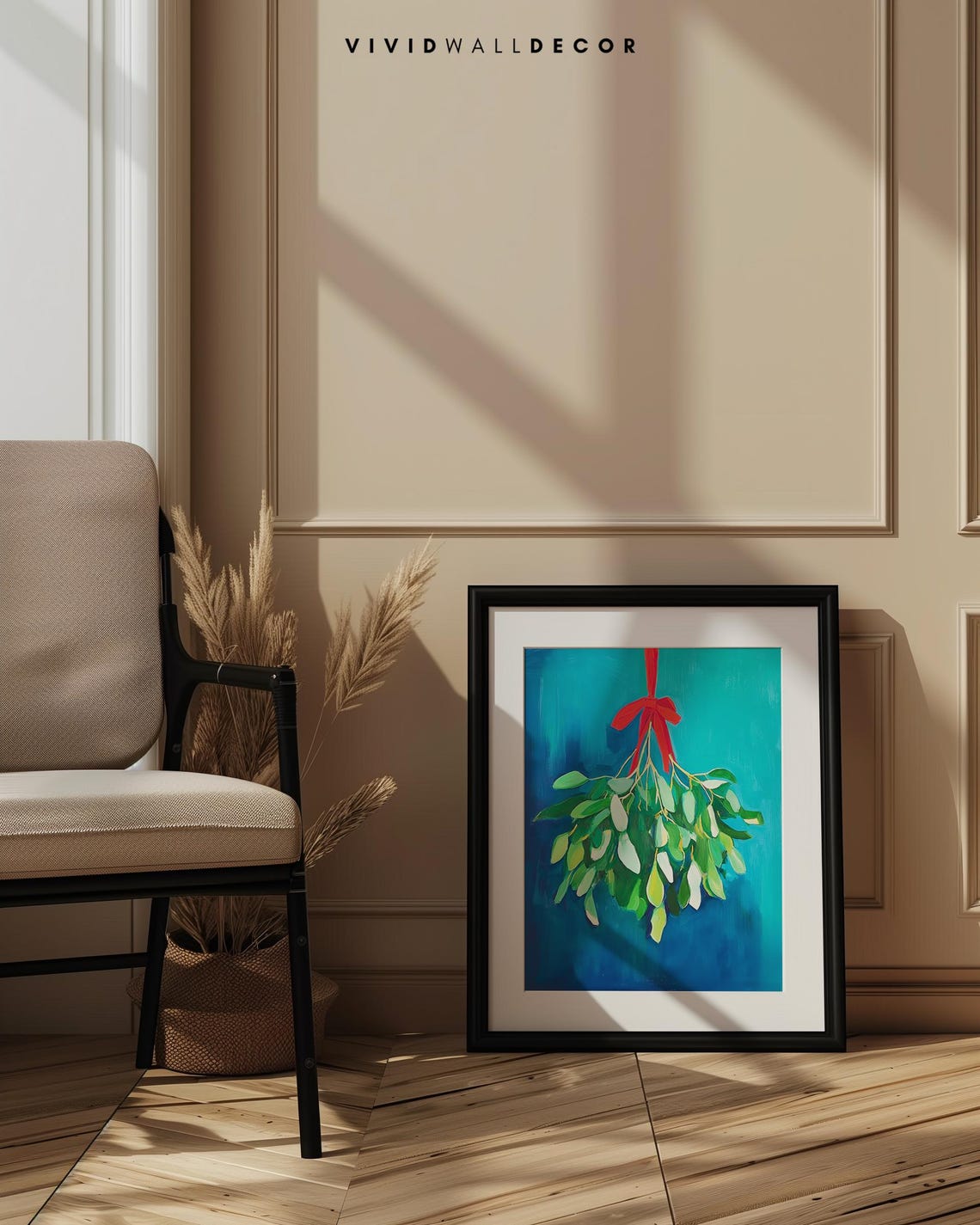 Mistletoe With Red Bow Hanging Against Teal Holiday Art Poster - Image 3