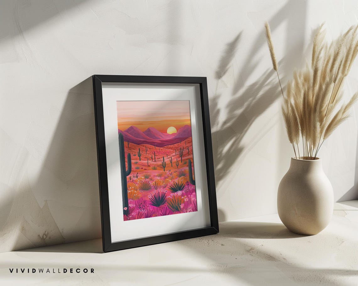Pink Desert Sunset With Saguaro Cacti And Purple Mountains Poster - Image 3