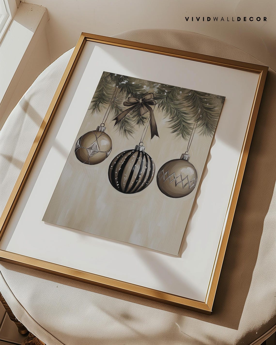 Neutral Beige Baubles Hanging From Pine Bough Holiday Poster - Image 3