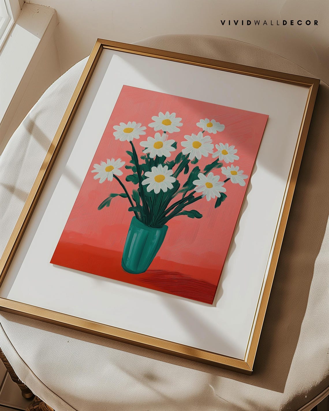 White Daisies in Teal Vase on Coral Background Floral Art Poster - Image 3