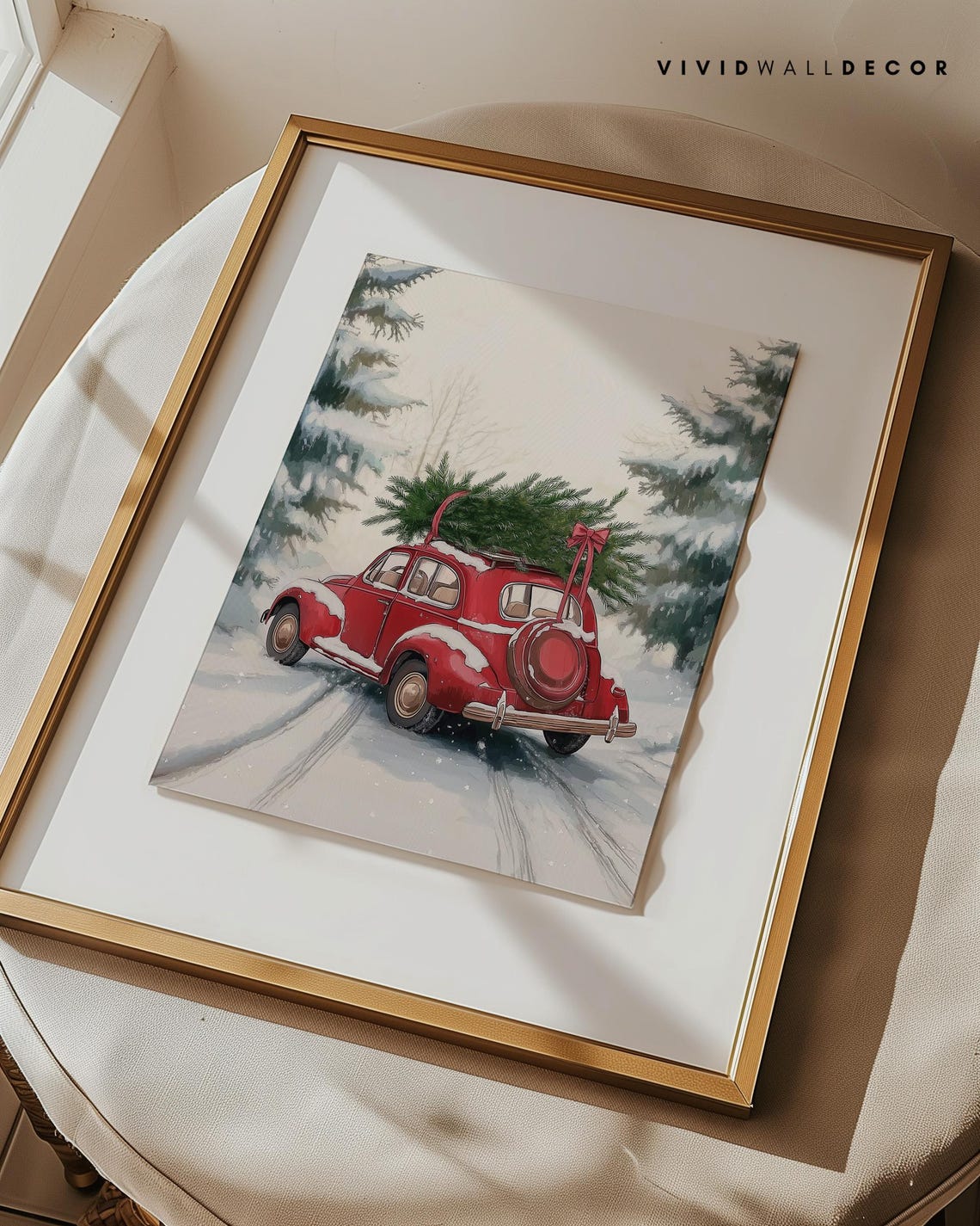 Vintage Red Car Carrying Christmas Tree in Snow Holiday Poster - Image 3