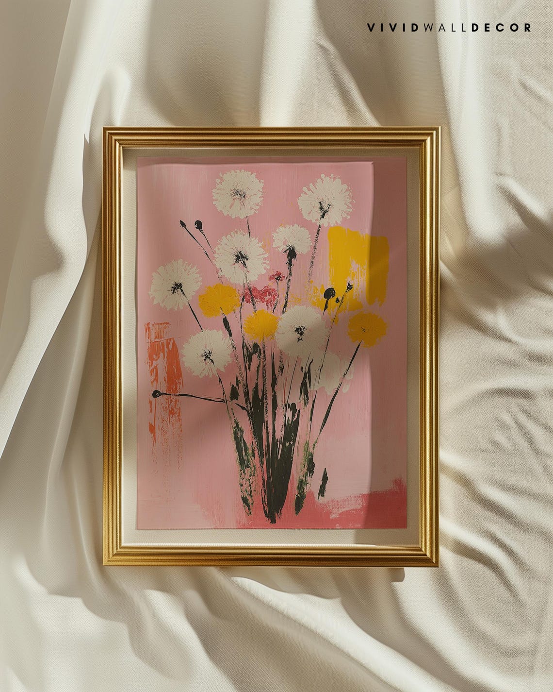 Abstract White and Yellow Flowers Pink Contemporary Art Poster - Image 2