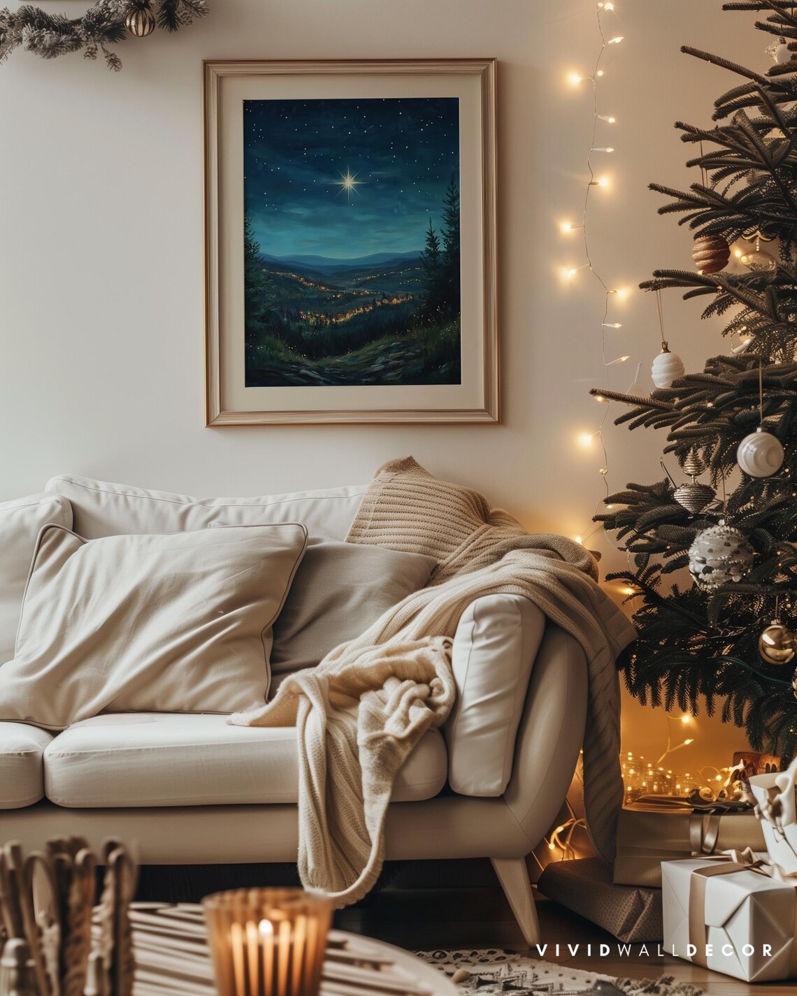 Bright Christmas Star Over Moonlit Village Valley Night Poster - Image 4