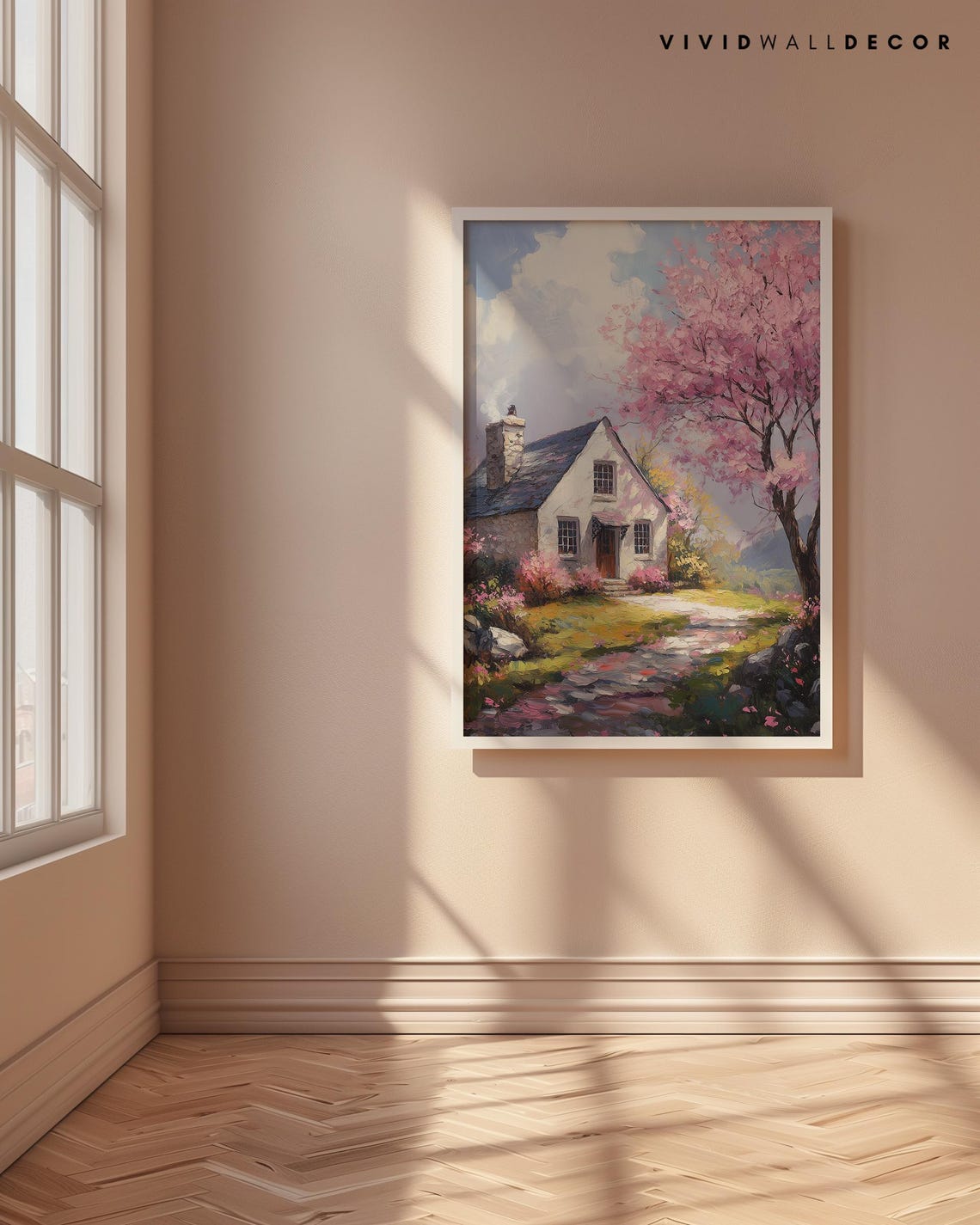 Charming Spring Cottage with Pink Blossom Tree Rustic Art Poster - Image 4
