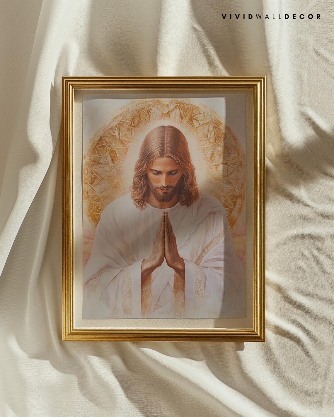 Jesus in Prayer Before a Golden Sacred Geometry Halo Art Poster - Image 2