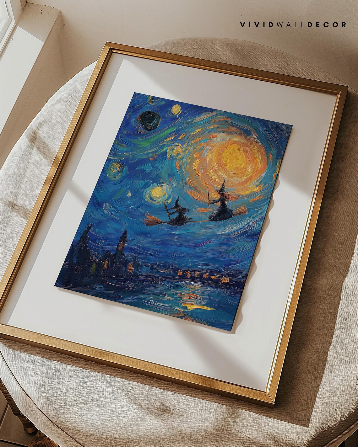 Witches Flying in Starry Night Art Poster Van Gogh Style Halloween Decor - Image 3