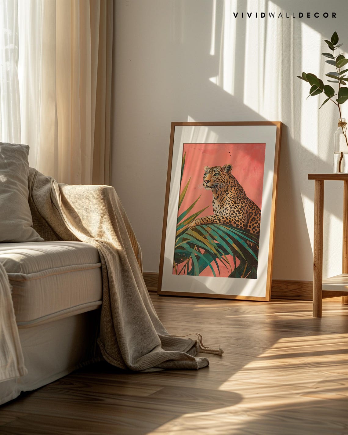 Spotted Leopard Resting on Palm Leaves Pink Background Art Poster - Image 3