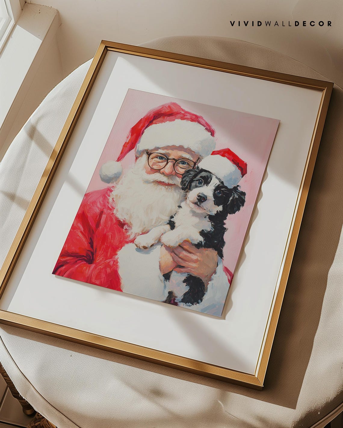 Santa With Puppy in Santa Hats Art Poster Pink Christmas Wall Decor - Image 3