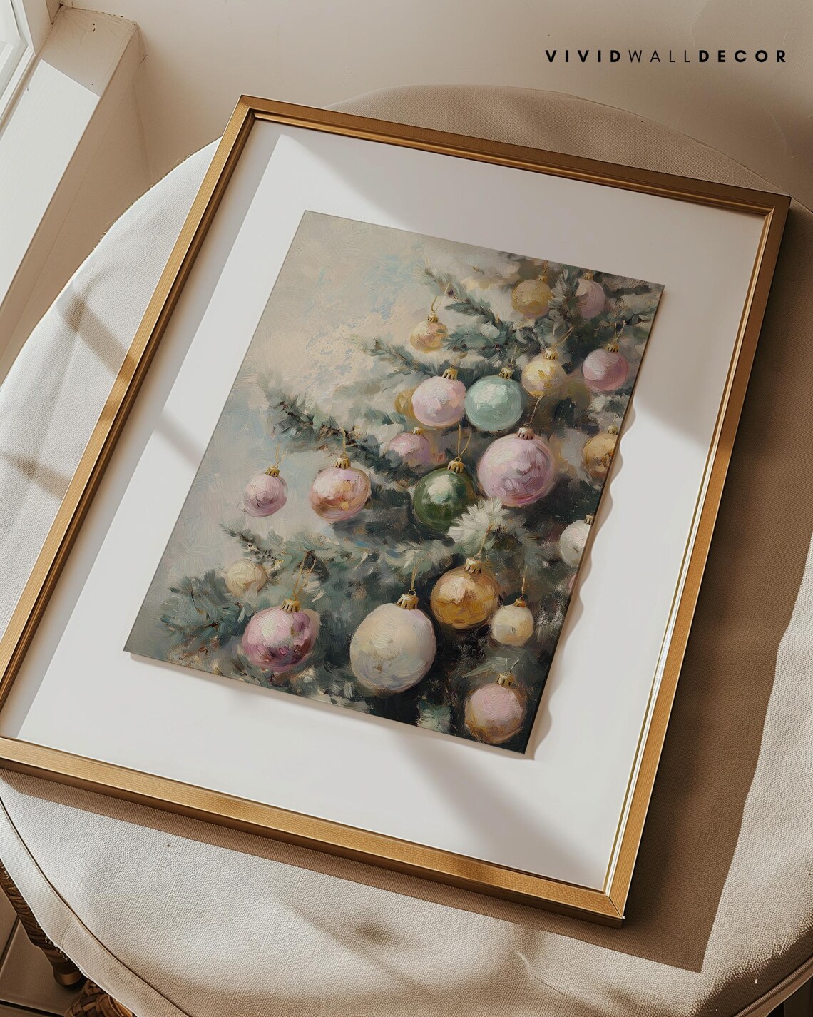 Pastel Christmas Baubles On Frosted Pine Branches Art Poster - Image 3
