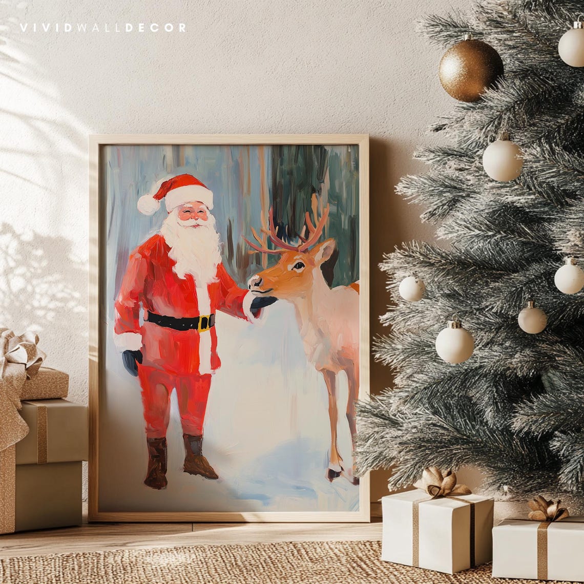 Santa Claus Petting Reindeer In Snowy Winter Wonderland Scene Poster - Image 4