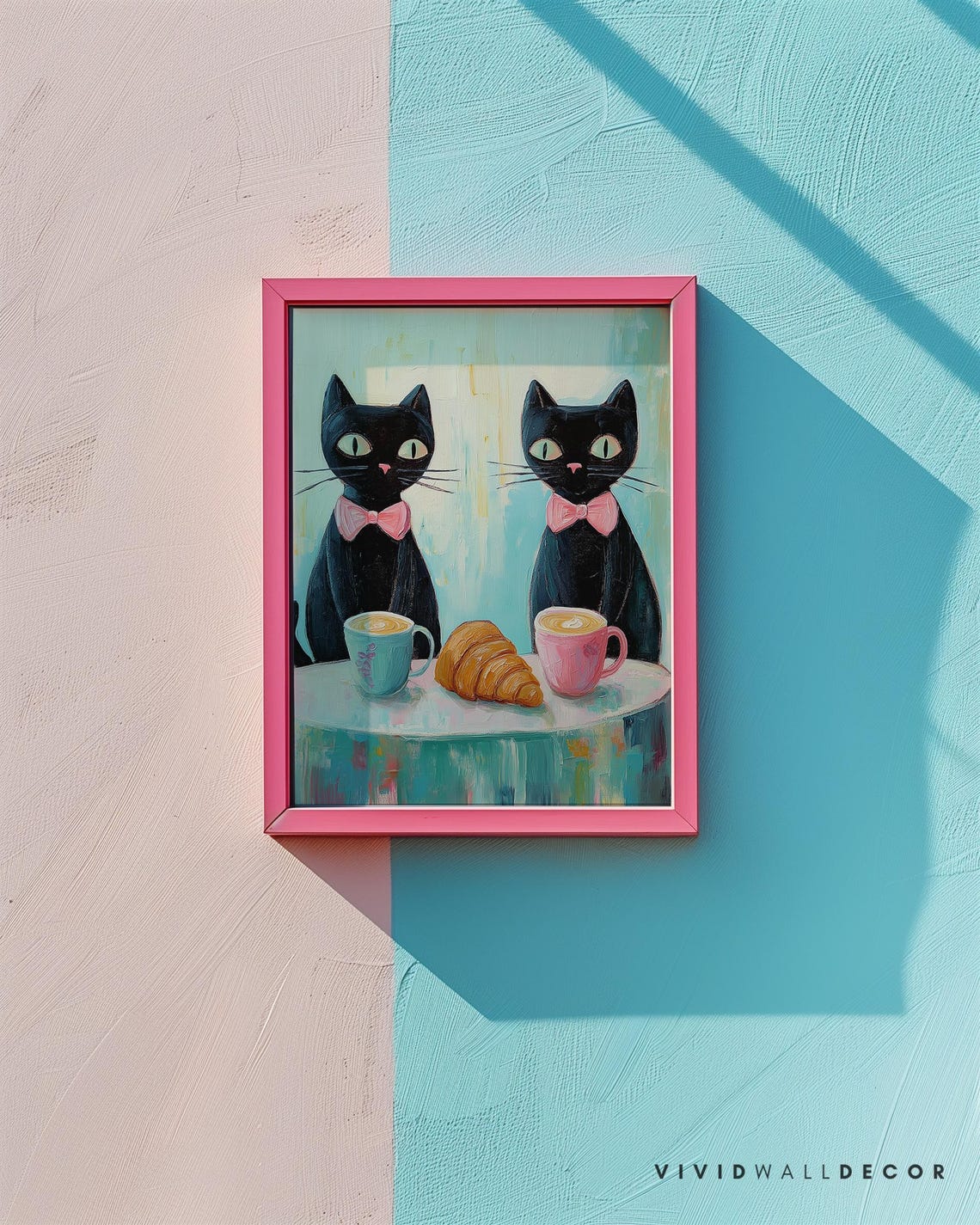 Two Chic Black Cats Enjoying Coffee and Croissant French Cafe Poster - Image 2