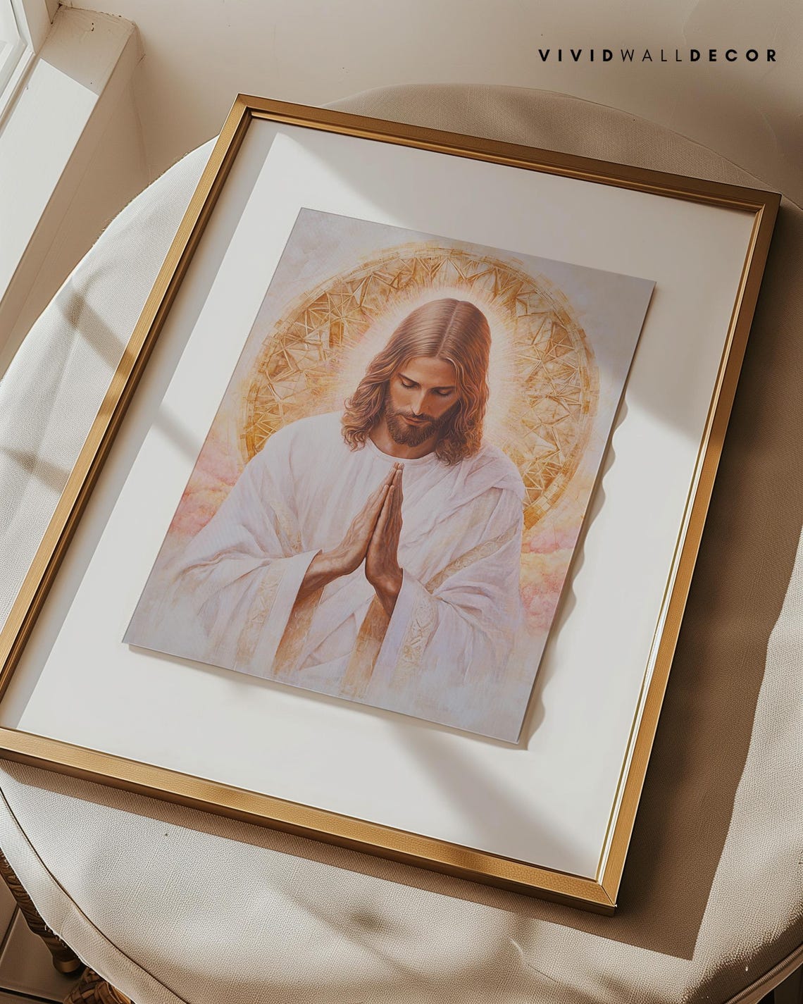 Jesus in Prayer Before a Golden Sacred Geometry Halo Art Poster - Image 3