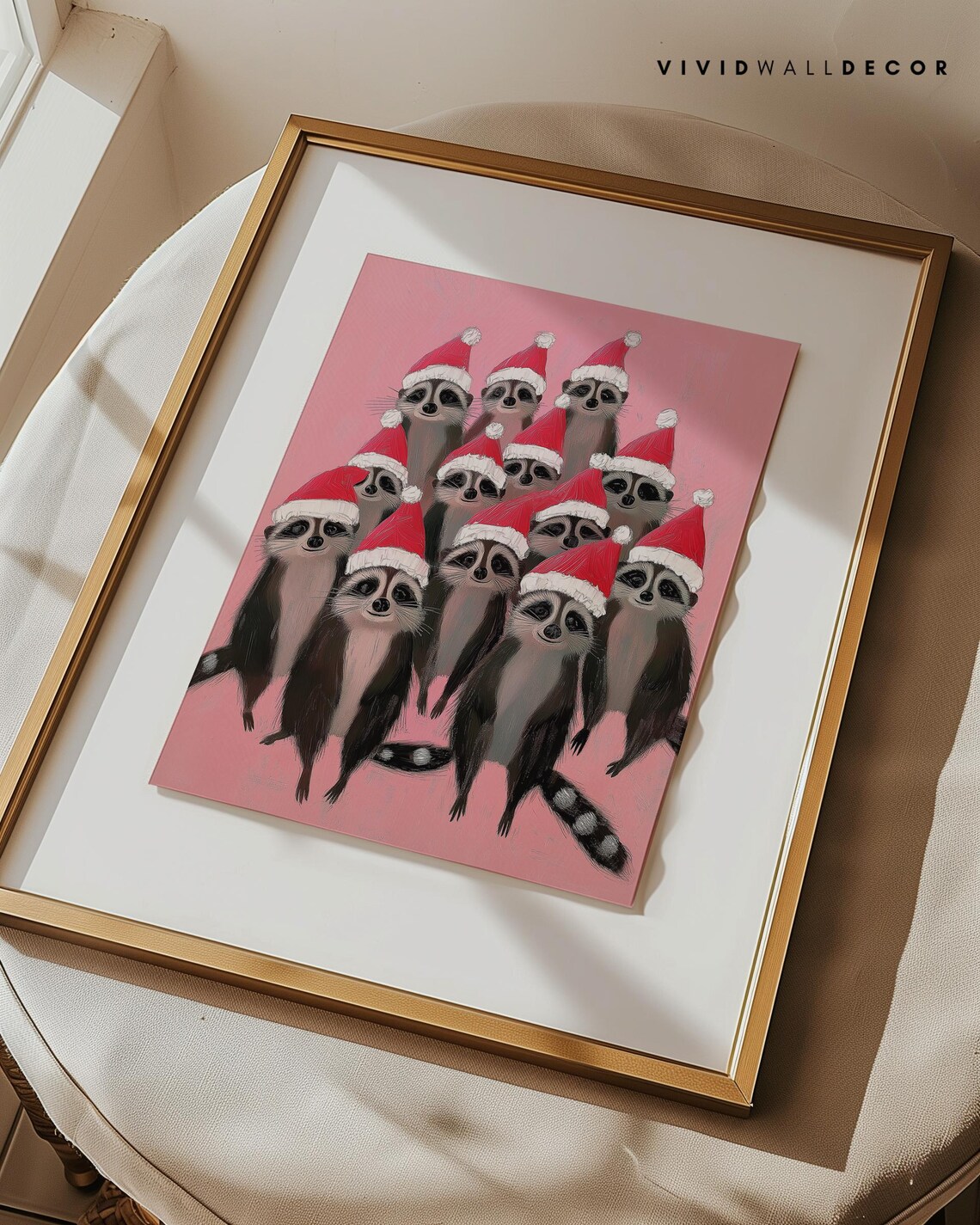 Raccoons Wearing Santa Hats Group On Pink Funny Holiday Poster - Image 3