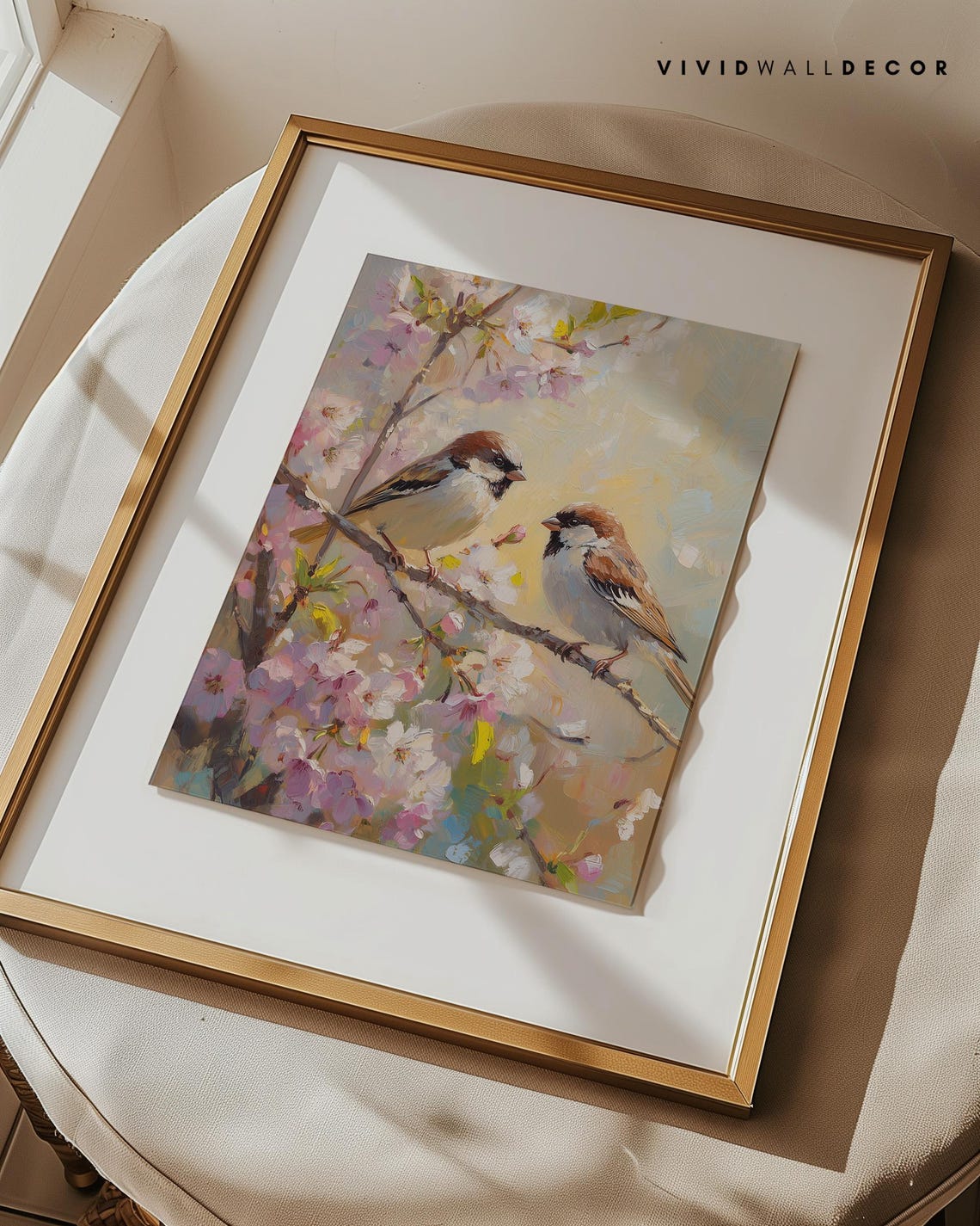 Two Sparrows on Cherry Blossom Branch Spring Bird Art Poster - Image 2