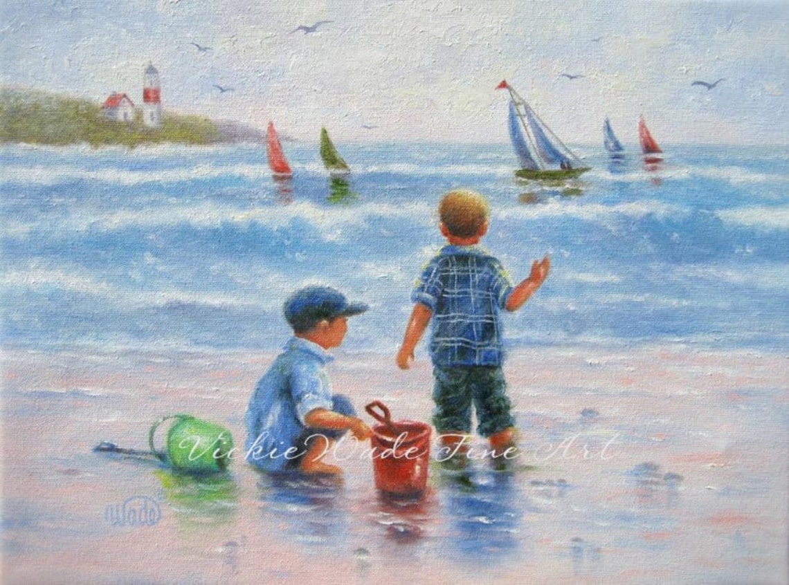 Two Little Beach Boys Original Oil Painting Sailboats Lighthouse Ocean Two Brothers Beach Art Two Sons Oil Painting Vickie Wade Art