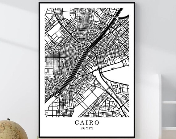 Cairo Egypt Minimalist Black White City Street Map Art Poster