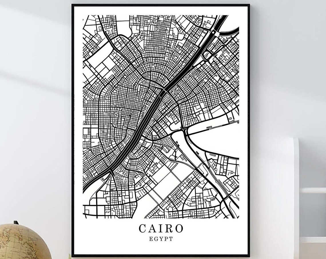 Cairo Egypt Minimalist Black White City Street Map Art Poster