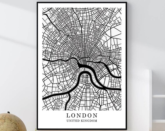 London United Kingdom Minimalist Black White Street Map Poster