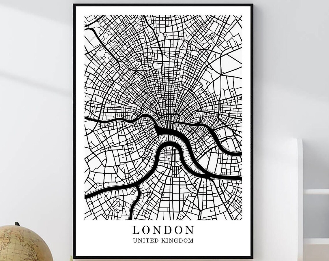 London United Kingdom Minimalist Black White Street Map Poster