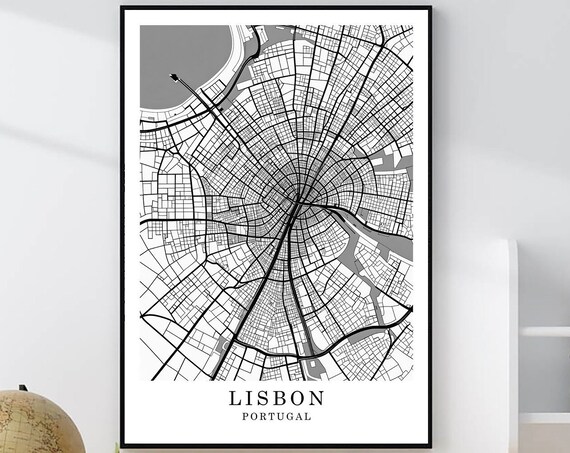 Lisbon Portugal Minimalist Black White Street Map Art Poster