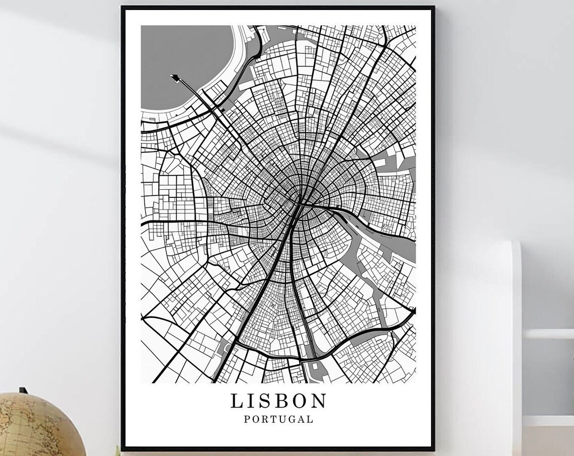 Lisbon Portugal Minimalist Black White Street Map Art Poster
