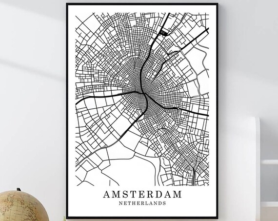 Amsterdam Netherlands Minimalist Black White Street Map Poster