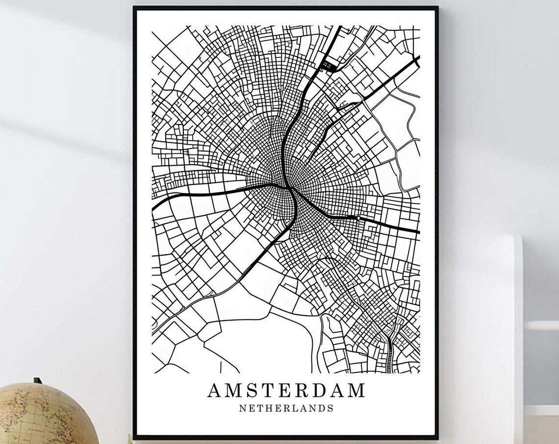Amsterdam Netherlands Minimalist Black White Street Map Poster