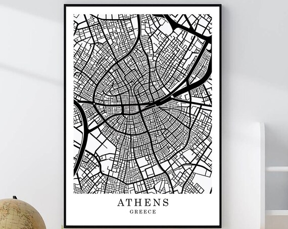 Athens Greece Minimalist Black White City Street Map Art Poster
