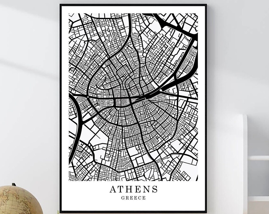 Athens Greece Minimalist Black White City Street Map Art Poster