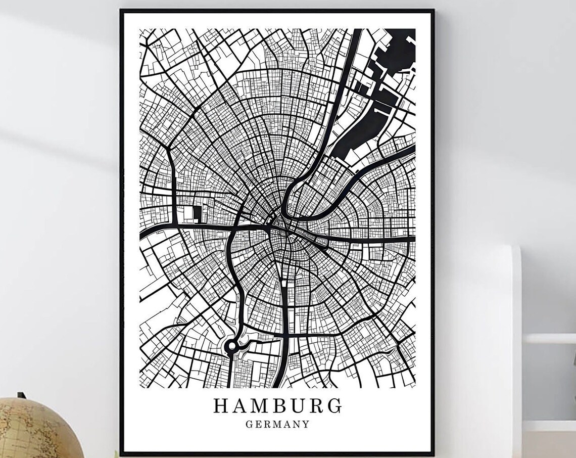 Hamburg Germany Minimalist Black White Street Map Art Poster