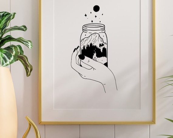 Mountain Magic Hand Holding Jar Forest Night Sky Line Art Poster
