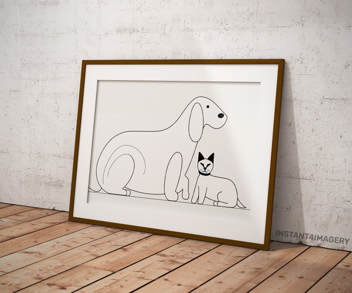Cat And Dog Line Art Print Minimalist Pet Portrait