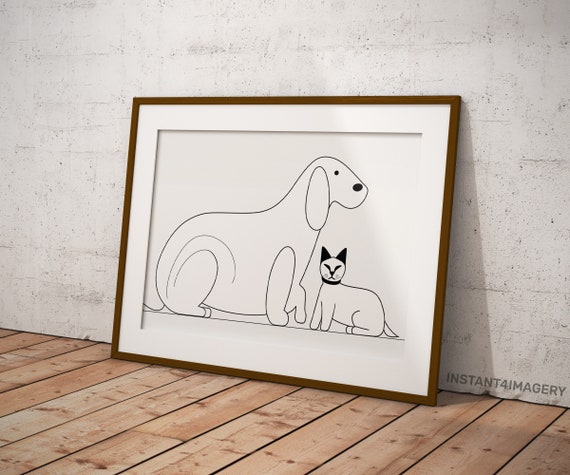 Cat And Dog Line Art Print Minimalist Pet Portrait