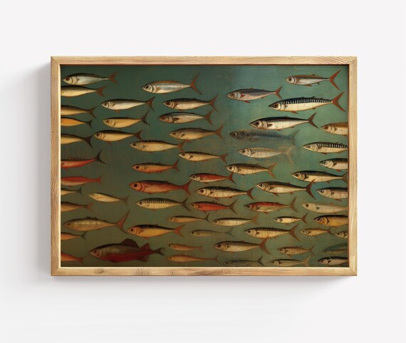 Vintage School of Fish Swimming Dark Teal Ocean Painting Poster