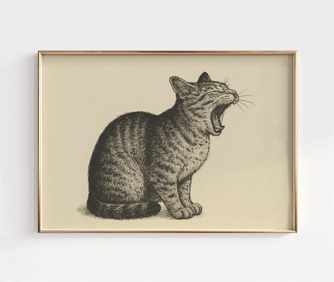 Yawning Cat Ink Drawing Art Print Minimalist Boho Wall Decor