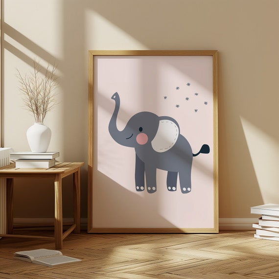 Happy Elephant Kids Wall Art Baby Room Poster Cute Nursery Animal Print Grey And Pink Illustration Minimalist Decor