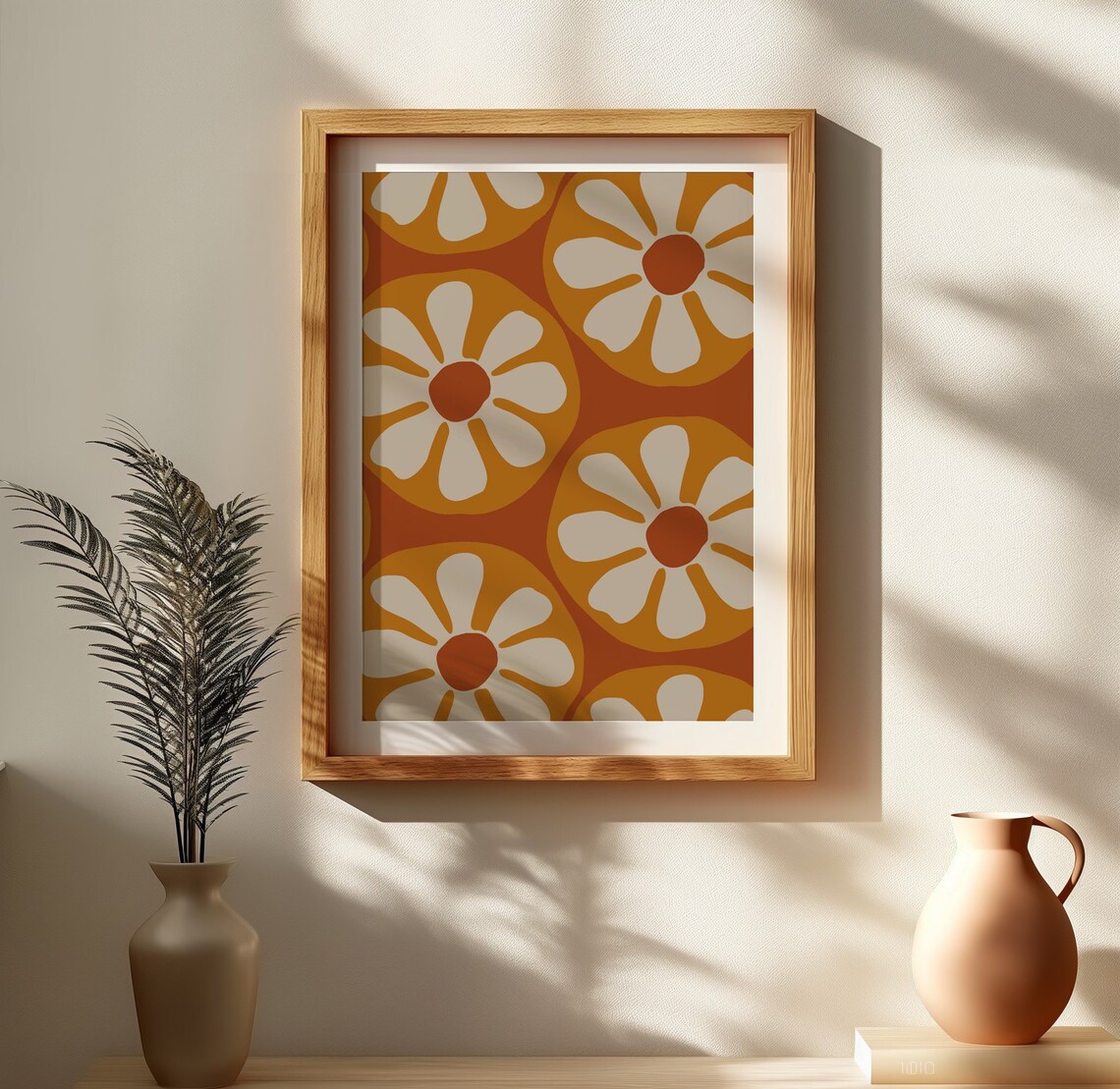 Burnt Orange Retro Daisy Flower Pattern Groovy Poster for Bedroom Walls