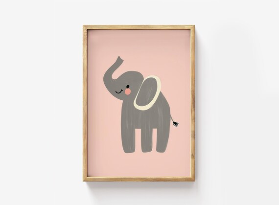 Baby Elephant Blush Pink Nursery Cute Kids Room Animal Art Poster