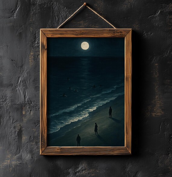 Moody Moonlit Night Beach Seascape Poster With Dark Rolling Waves