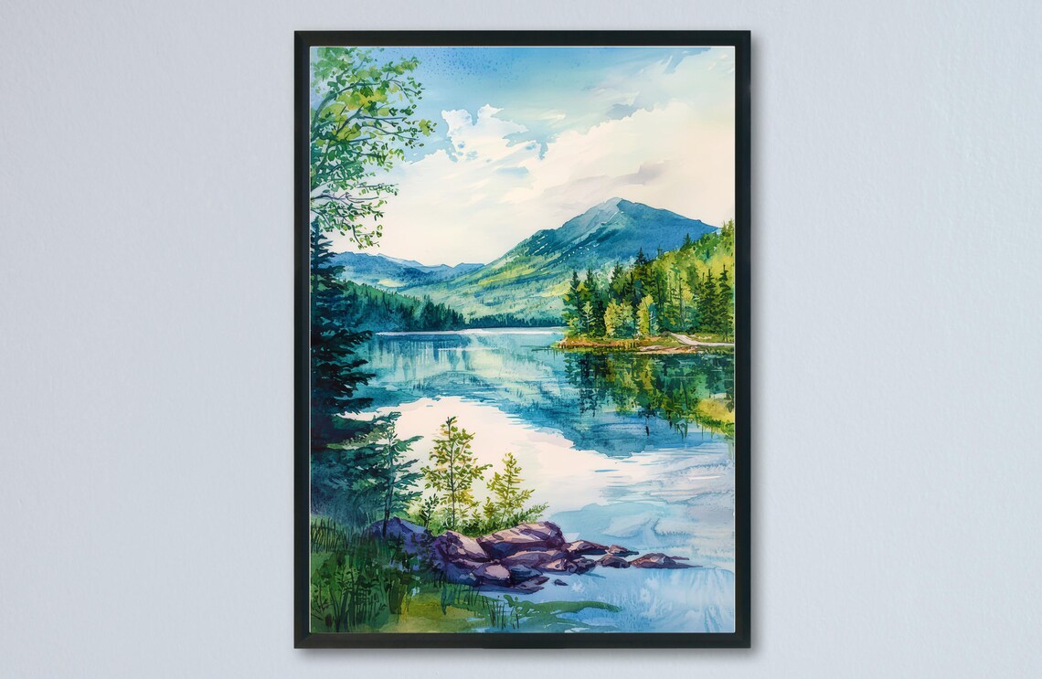 Catskills Mountain Lake Evergreen Reflection Watercolor Poster
