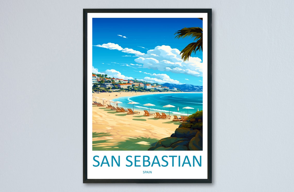 San Sebastian Spain Sunny Beach With Umbrellas Travel Poster Art