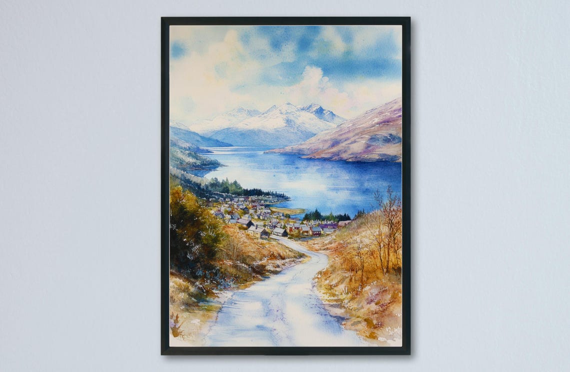 Mountain Lake Village Snow Peaks Watercolor Landscape Poster