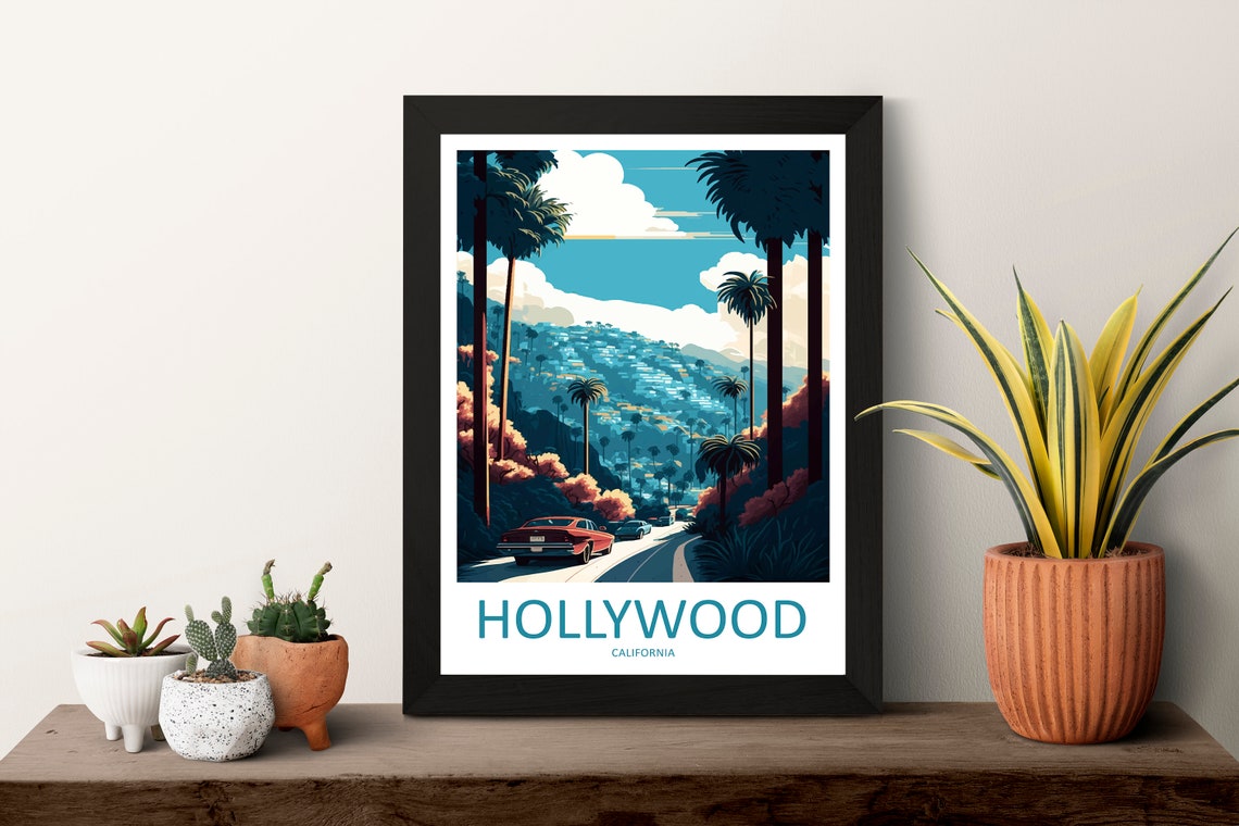 Hollywood California Palm Tree Hillside Street Retro Travel Poster - Image 3