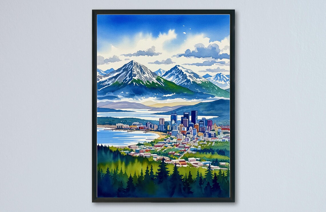 Anchorage Watercolor Aerial Alaska Mountain City Lake View Poster