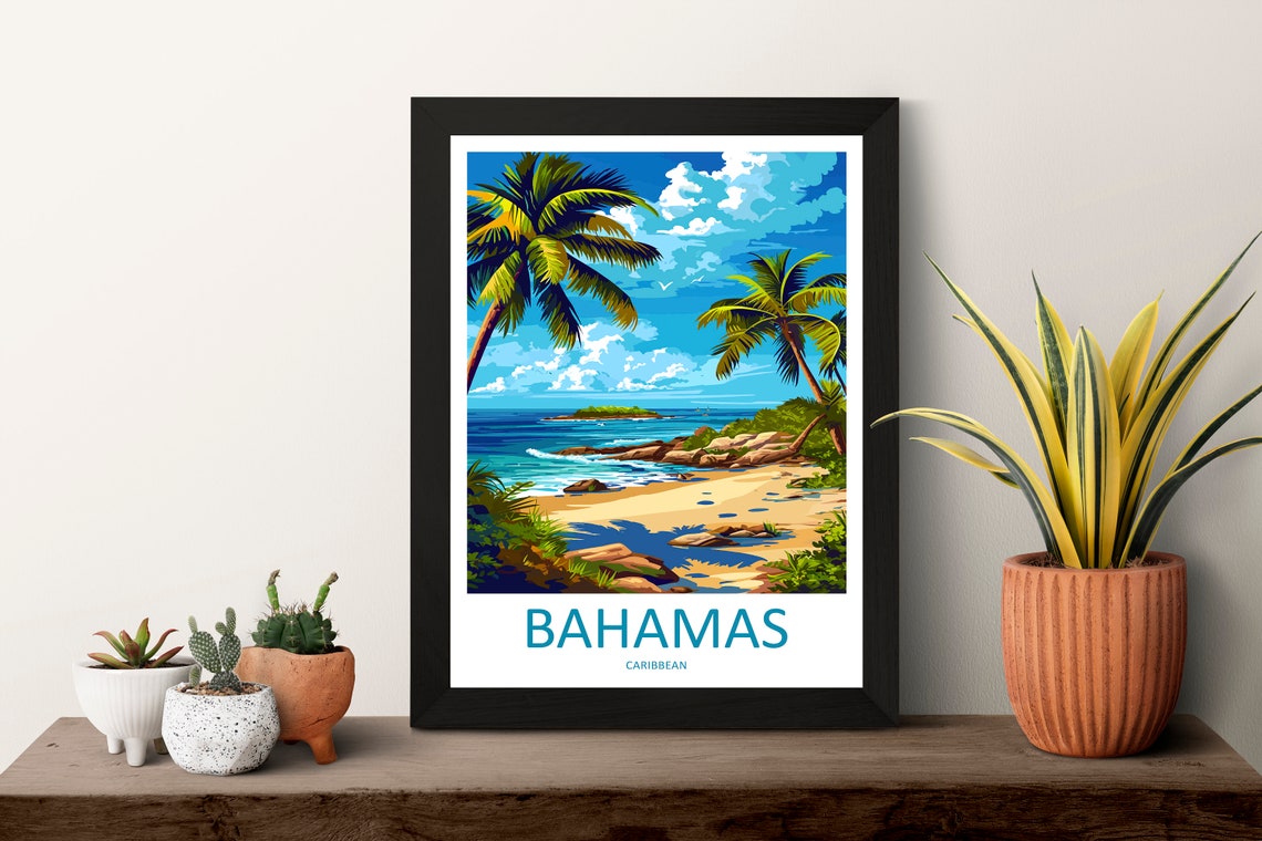 Bahamas Caribbean Palm Beach Retro Tropical Island Travel Poster - Image 3
